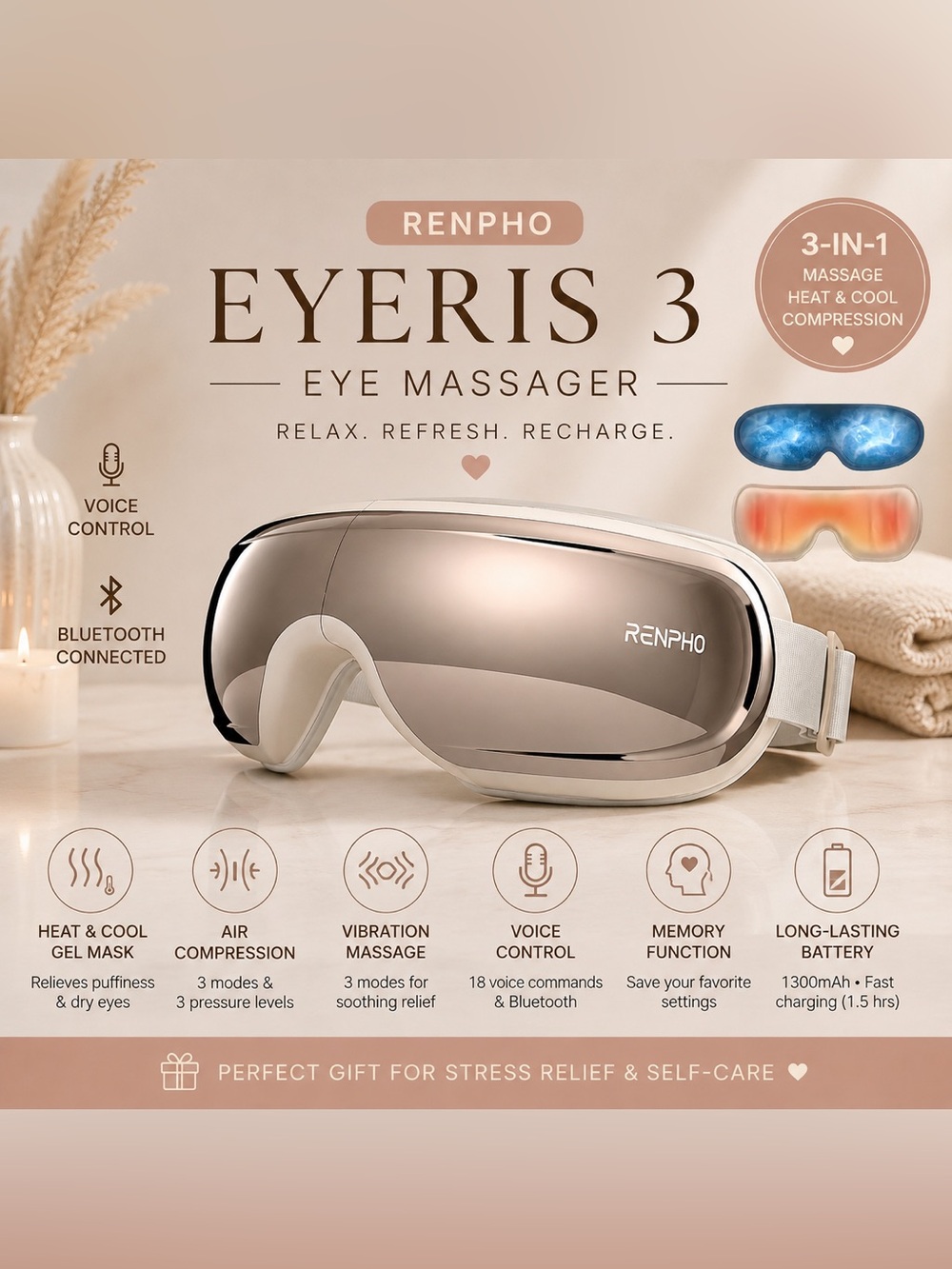 RENPHO Eyeris 3 Eye Massager Heat Cooling Compression Bluetooth NWOT